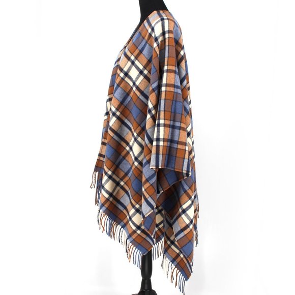 Doen Ember Wrap Saint Moritz Plaid Blue Tan Wool Cashmere Fringe Trim Small - Picture 6 of 7